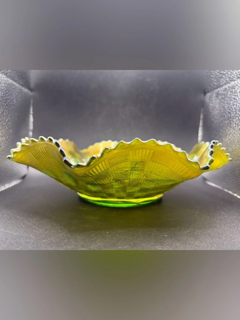 Northwood Antique Green Carnival Glass Strawberry Basketweave Ruffle Edge Bowl